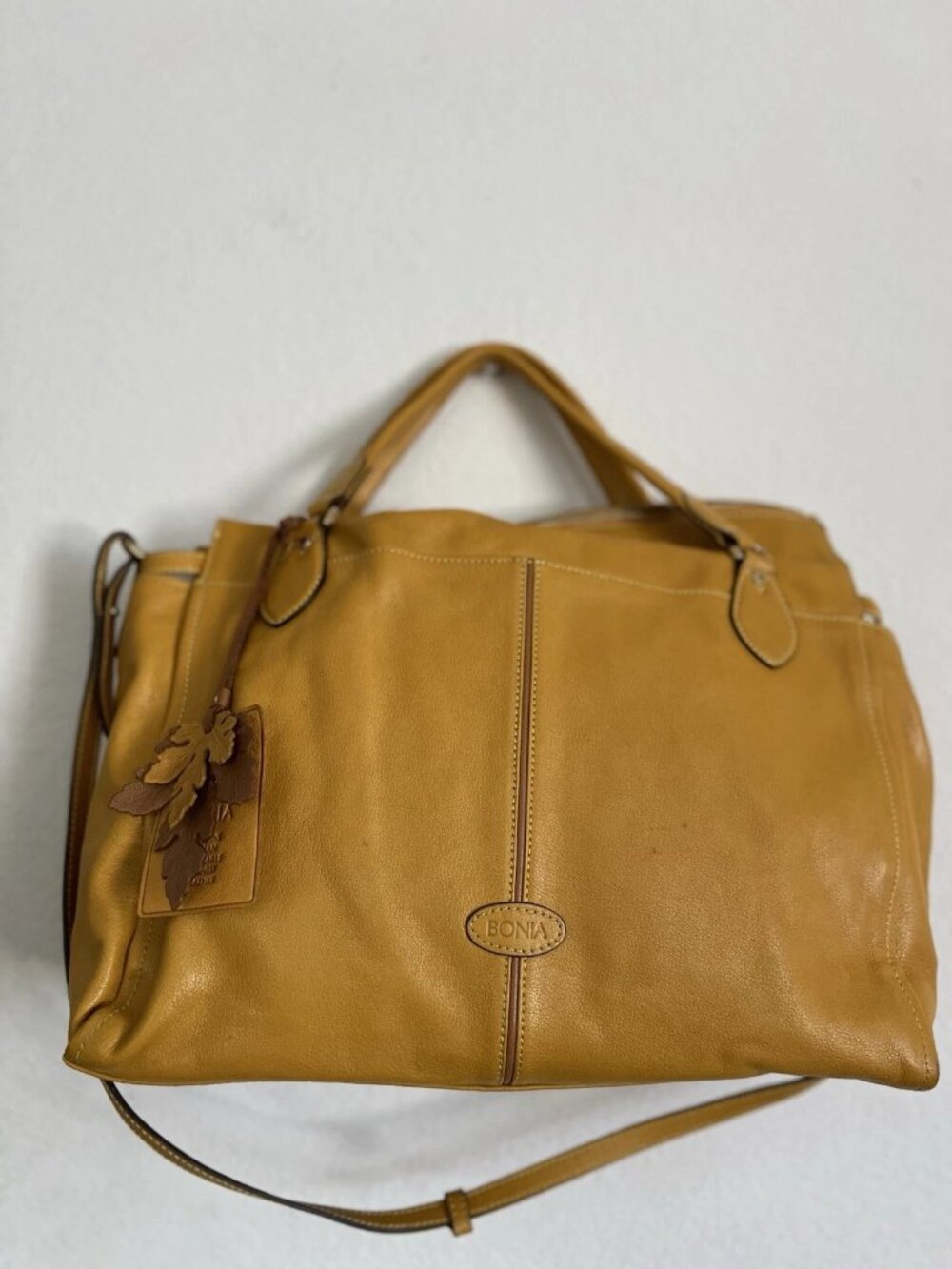 Bonia Italian Leather Mustard Satchel Handbag Purse Size Large